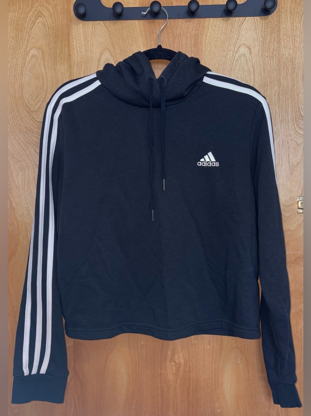 Adidas Crop Black Hoodie Sweatshirt with White Stripes